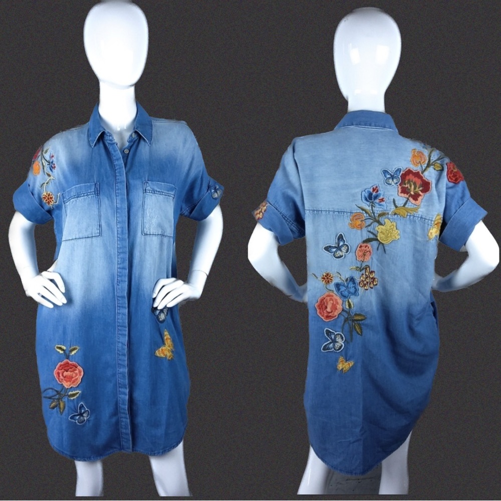 EUC Driftwood Mabel Embroidered Denim Jean Shirt Dress w/ Pockets